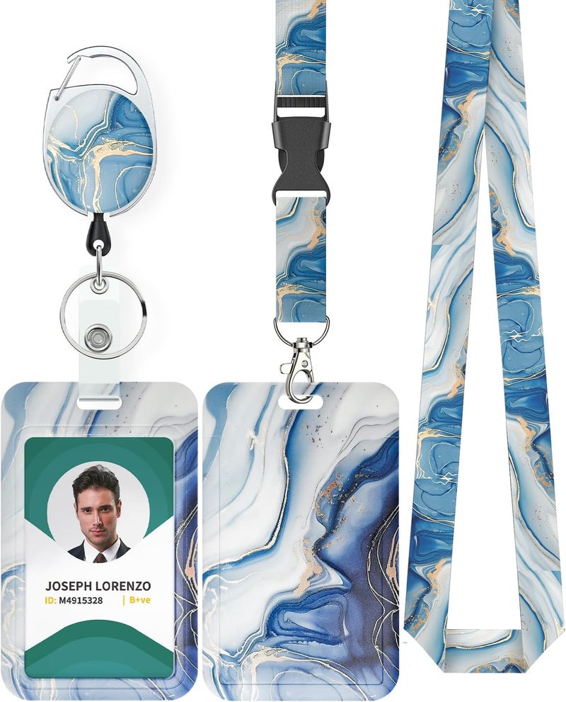Uniclife Marbling Sliding Badge Holder Blue Marble Pattern Plastic Card Holder with Retractable Badge Reel Carabiner Detachable Lanyard Vertical Card Protector for Office Worker Nurse Teacher Student - Image 1